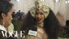 Cardi B on Her Kicking Baby and Pearl-Covered Dress | Met Gala 2018 With Liza Koshy | Vogue