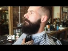 Slicked Back Army Fade with a Square Beard at the Barbershop