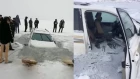 Family escapes after car breaks thin ice on frozen river