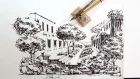 One-point perspective . Drawing ink and pen - landscape architecture