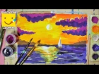 Как нарисовать морской пейзаж  - урок рисования для детей от 5 лет, закат,  рисуем дома поэтапно